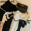Outono Gentle White Babados Contrast Color Gola Bow Sweaters Jumpers Flare Sleeve Slim Chic Moda Coreana Preto Malha Top 210429