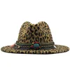 Trend Unisex Flache Krempe Wollfilz Jazz Fedora Männer Frauen Leopard Korn Quaste Band Dekor Trilby Panama Formelle Hüte 58-60 cm
