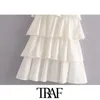 TRAF Women Sweet Fashion Ruffle Trim Mini Dress Vintage Collo dritto senza maniche Cinghie sottili Abiti femminili Mujer 210415