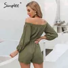 Casual Off Shoulder Women Playsuit Lantern Sleeve Knappar Fickor Rompers Jumpsuit Spring Summer Office Ladies Overalls 210414