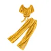 Темперамент мода богемные весенние цветочные наборы из двух частей галстук бабочки короткие верхние женские высокой талии широкогазовые штаны C279 210506