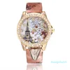 Whoesale Tour Eiffel Fleurs Impression Strass En Cuir Montres Femmes Dames Étudiants Robe Loisirs Casual Montres Horloge