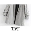 TRAF femmes mode bureau porter Blazer manteau Vintage col cranté plissé à manches longues vêtements de dessus pour femmes Chic hauts 211006