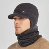 Cool Mannen Volledige Cover Warme Hoeden Sjaals Sets Mode Bekleed Fleece Pure Kleuren Chunky Knit Brim Cap en Ring Sjaal