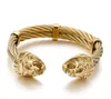 Mens Lion End Manchet Armband Kabeldraad Bangle Rvs Goud Vergulde / Zilver / Zwart Biker Punk Inner: 65mm * 12mm 86G