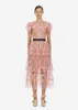 Elegante babados manga curta rosa malha floral bordado longo vestido de festa verão feminino alta qualidade auto retrato vestido y200805264c