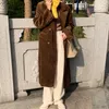 OL Fashion Autumn Corduroy Long Trench Coat Double-breasted Windbreaker Women Solid Overcoat Spring Clothes 210421