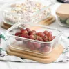 Glass Lunch Box With Wood Cover Household Transparent Fruit Bowl Portable Microwave Bento Students Picnic Container Dinnerware Sets