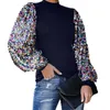 Damskie Bluzki Koszule Kobiety 2021 Moda Jesień Zima Mock Neck Cekiny Patchwork Długa Bluzka Bluzka Top