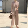 Moda Mizaç Buz Ipek Örme İki Parçalı Rahat Set Kadın Uzun Kazaklar Tops ve Geniş Bacak Pantolon Suits Yüksek Kalite 210714