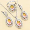 Gradiënt rode semi-kostbare zilveren kleur sieraden sets voor vrouwen oorbellen armband ringen ketting hanger geschenkdoos H1022