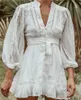 Yaz Bahar Moda Örgü Dantel Beyaz Kadın Düğme Ön Jakarlı Gömlek Smock Elbise ile Bel ve Fırfır Detay 3ETK 210603