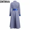 Clearance azul xadrez de manga comprida camisa camisa vestido senhoras elegante guingão retro plissado sashes midi vestidos femme vestes tunics 210527