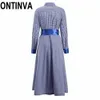 Clearance blue plaid långärmad tröja klänning kontor damer elegant gingham retro pleat sashes midi dresses femme robes tunika 210527