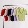Jesień dzianina sweter kobiet kobiety wzburzyć wykończenia upraw knit kardigan z krótkim rękawem Głębokie V Neck Casual Jumper Pull Femme 210508