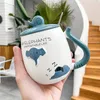 Cartoon 3D Relief Blue Elephant Ceramic Cup With Lid Creative Mug Office Coffee Milk Tea Big 450ml Mugs