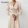 Foridol Lantern Sleeve Satin Vintage Long Dress Women Button Up Elegant Maxi Silk Party Spring Autumn Ladies 210415