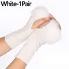 Guantes cálidos sin dedos para mujer, guantes con puños de piel de conejo de imitación y manga de brazo de longitud media de Color sólido, guantes tejidos de lana elásticos para invierno