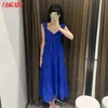 Tangada Kobiety Blue Haft Romantyczny Midi Sukienka Pasek Ruffles Bez Rękawów Moda Lady Eleganckie sukienki Vestido 6H19 210609