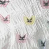 シフォンクロップトップの女性のシャツの蝶刺繍オフショルダーパフスリーブブラウス韓国のファッションシックなかわいい女性Blusas 210519