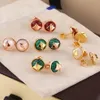 Europe America Fashion Style Lady Womens Gold/Rose-color Metal Engraved V Initials Malachite Carnelian Mother of Pearl Settings Diamond Flower Stud Earrings