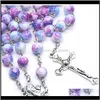 Halsband hängsmycken släpp leverans 2021 katolska smycken långa lila glaspärlor rosenkranshalsig för män kvinnor vintage jesus kors hänge nacke
