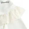 Yitimuceng поклон кружева блузка женские рубашки свободные твердые белые весной V-образным вырезом отдельные погружные французские мода одежда вершины 210601