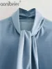 Eleganta kvinnor Solid Soft Shirts Fashion Ladies Stand Collar Cord Topps Söt Kvinna Chic Sky Blue Blouses Outwear 210604