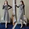 Herbst Winter Vintage Elegante Frauen Zwei Teile Hahnstifter gekerbte Weste Lange Kleid Set + Schwarze Dünne Strickspitzen Anzug 210514