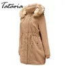 Tataria Dames Winter Warm Corduroy Parkas Lange mouw Big Bont Collar Dikke Parka Jassen 210514