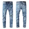 New Arrival Mens Designer Jeans Light Blue Hole Spray Paint Medal Fashion Men pants Slim Motorcycle Biker Hip Hop Pant s Top Quality Size 28-40