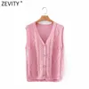 Kvinnor V Neck Candy Color Twist Crochet Stickning Vest Sweater Femme Chic Sweet Breasted Waistcoat Cardigans Tops S618 210420