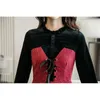 Svart Vin Röd Velvet Patchwork Lace-up Stand Collar Flare Långärmad Mini Klänning Höst Vår Elegant D1028 210514