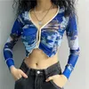 Yedinas Tie Dye Blue Crop Top Damen Mesh T-Shirt Lange Ärmel Cropped Cardigan V-Ausschnitt Designer Slim T-Shirts Y2k Ästhetische Tops 210527