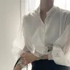 Mode Sexy Lose Weiße Frauen Hemd Koreanische Durchsichtig Bluse Frauen Puff Langarm Mesh Elegante Kleidung 11256 210427