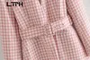 Vintage Simple Pink Plaid Blazers Coat Slim Long Mouw Sjerpen Zoet All-match Casual Jassen Dames Blazer Spring 210427