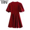 TRAF femmes Chic mode avec garniture élastique velours Mini robe Vintage manches bouffantes fermeture éclair latérale femmes robes robes Mujer 210415