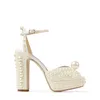 Women Wedding dress bride shoes White Satin Platform Sandals with All-Over Pearl Embellishment sandal high heel platforms chunky heels 35-42