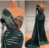 2022 Hunter Yeşil Abiye Mermaid Dubai Artı Boyutu Bir Omuz Uzun Kollu Kristaller Boncuklu Saten Custom Made Balo Parti Kıyafeti Durum Giyim Vestidos