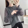 Girl Mesh Long Sleeve Knitted Sweater Female O-neck Loose Lazy Stitching Lantern Lace Bottoming Jumper Spring 210427