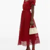 高品質の女性レッドレースドレス水玉ショートパフスリーブスクエアネックレディパーティーファッションサマーミディ210603