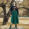 Johnature Woman Vintage Вышивка Платья Ruffled Шелды Зеленый Хлопк Белье Осеннее Пэчворк Китайский Стиль Женское Платье 210521