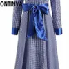 Clearance blue plaid långärmad tröja klänning kontor damer elegant gingham retro pleat sashes midi dresses femme robes tunika 210527