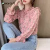 Vrouwen chiffon blouse plus size lente herfst flare mouw knop blouses bloem bedrukte bowknot shirts dames los casual shirt 210412