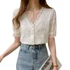 Zomer Koreaanse V-hals kant stikken vrouwen shirts Short-mouwen uitgehold Top vrouwelijke tops en blouse 13985 210508