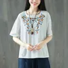 Tshirt das mulheres do estilo do verão mais tamanho de manga curta solta O-pescoço superiores de algodão Flor Bordado Vintage Cyk2 210512