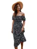Robe Boho imprimé floral sexy sans bretelles Slash cou à manches courtes femmes robes robes de plage d'épaule d'été robe midi Mujer 210507