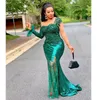 2021 Plus Size Arabic Aso Ebi Green Mermaid Sequined Prom Dresses Lace Beaded Sheer Neck Evening Formal Party Second Reception Bridesmaid Gowns Dress ZJ335