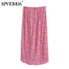 KPYTOMOA Women Fashion With Knot Floral Print Front Vents Midi Skirt Vintage High Waist Back Zipper Female Skirts Mujer 210708
