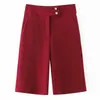 Summer Solid Knee Length Pants Women Casual High Waist Straight Trousers Ladies Pleated Loose Wide Leg Female 210515